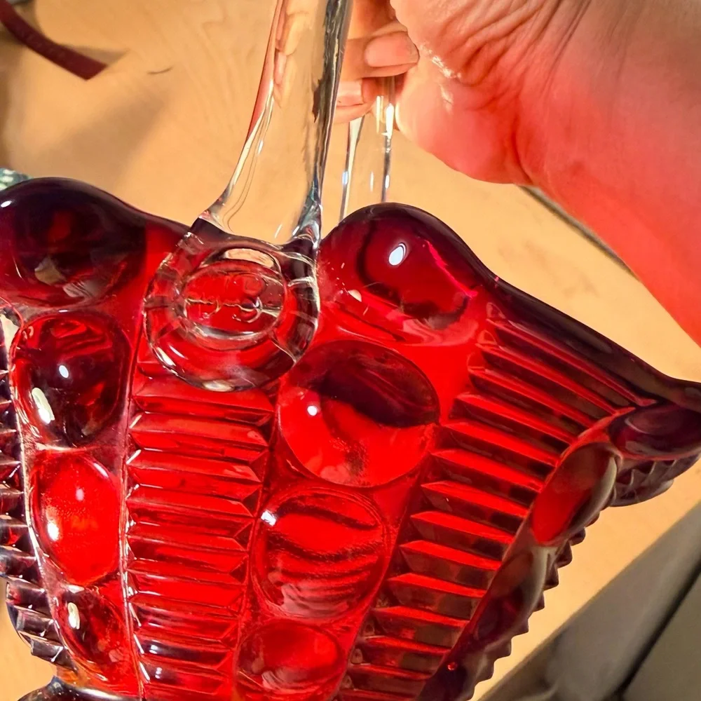 Vintage Tiara Indiana Glass Dewdrop Ruby Red Basket – Clear Handle – 7”